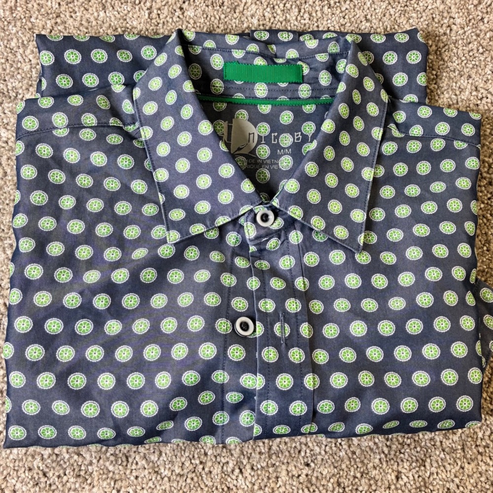 Nicoby Button Down Shirt Polka Dot Print Short Sleeve Casual Stretch Mens Size M